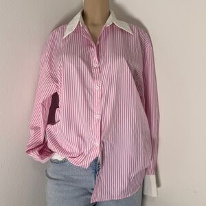Pink Striped Button Down Shirt | Preppy Contrast Collar Blouse | Coastal Chic